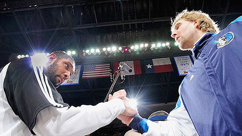 Tim Duncan of the San Antonio Spurs and Dirk Nowitzki shake hands pre-game Tim Duncan of the San Antonio Spurs and Dirk Nowitzki shake hands pre-game