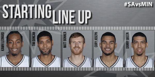 #SAvsMIN Starters: Duncan, Leonard, Green, Joseph and Bonner.
#GoSpursGo http://t.co/0olzbAkVQ2