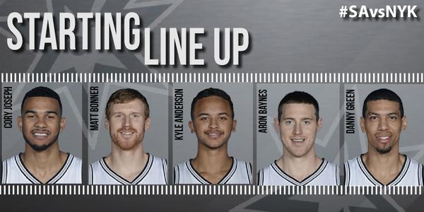 Starting tonight for the Spurs: Joseph, Bonner, Anderson, Baynes, Green. #SAvsNYK http://t.co/Hg2bp9vgCL