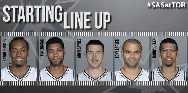 #SASvsTOR tips off now! Starters tonight: Duncan, Leonard, Baynes, Parker & Green 
#SpursRRT http://t.co/uW0Av46QVj