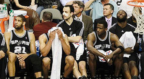 Tim Duncan, Manu Ginobili, Antonio McDyess and DeJuan Blair sit on the bench during the Spurs Game 5 loss to Dallas