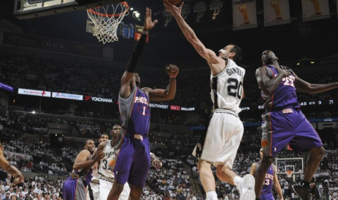 Manu Ginobili scores two of his 27 against the Phoenix Suns in Game 3